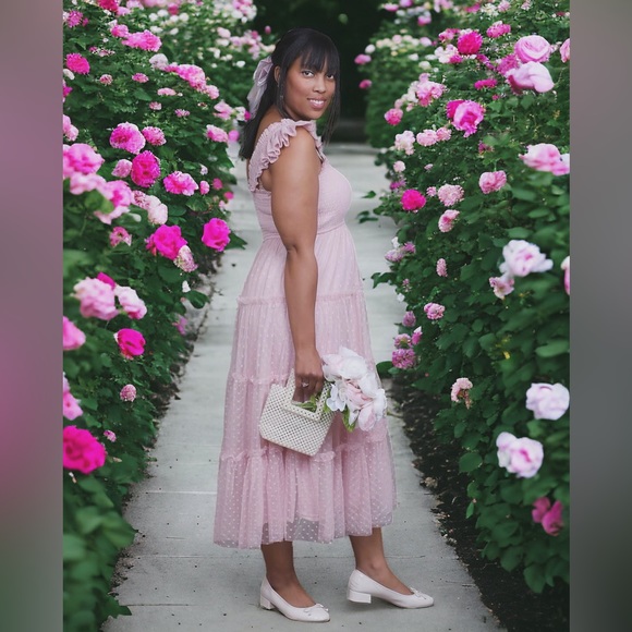 Hill house style tiered dress with ruffle shoulder in blush Swiss dot mesh. - Picture 4 of 4